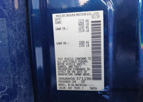 2019 Nissan Maxima 3.5 Sv z USA, uszkodzony, nr VIN 1N4AA6AV1KC371190